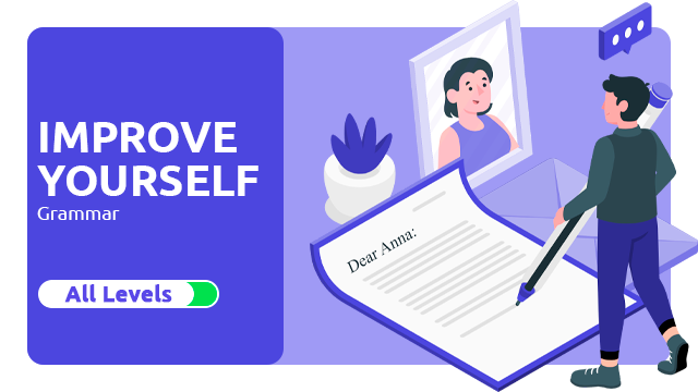 Banner do Curso de Inglês: Improve Yourself Grammar - Um homem escrevendo uma carta com o retrato de uma mulher ao lado